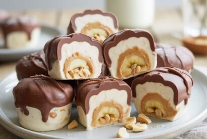 Thumbnail for This 5-Minute Treat Will Change Snack Time Forever: Chocolate Peanut Butter Banana Frozen Greek Yogurt Bites