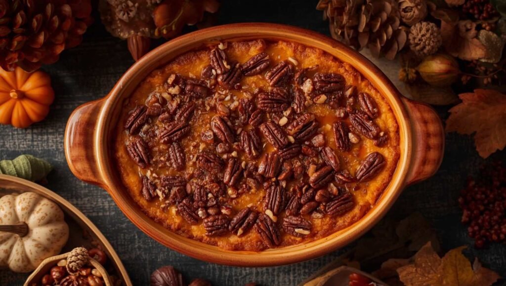 Sweet Potato Casserole with Pecan Crust (Refined Sugar-Free)