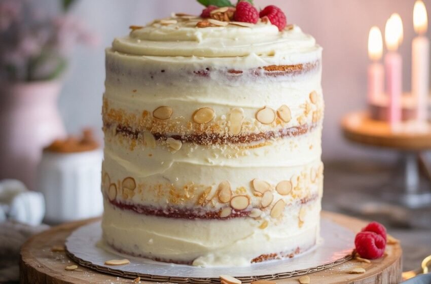 cake with creamy white cream-cheese frosting and almond-flour crumb