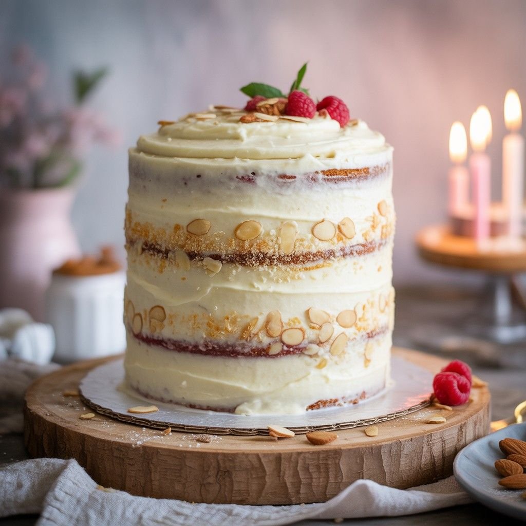 cake with creamy white cream-cheese frosting and almond-flour crumb