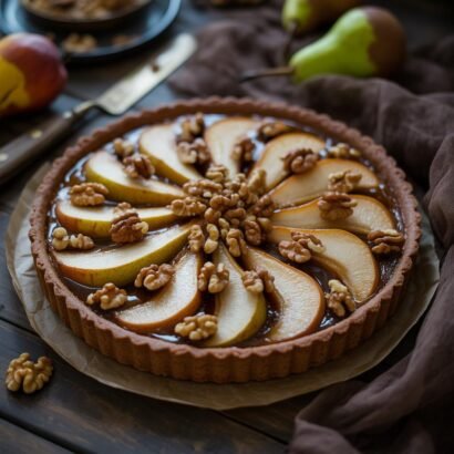caramel-spiced pear and walnut tart