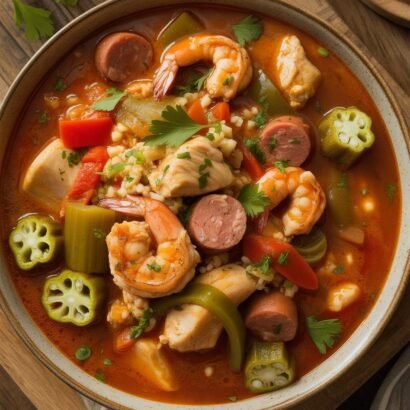 high-protein Cajun chicken-shrimp gumbo stew