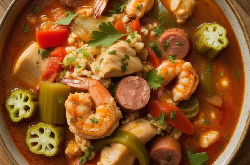 high-protein Cajun chicken-shrimp gumbo stew