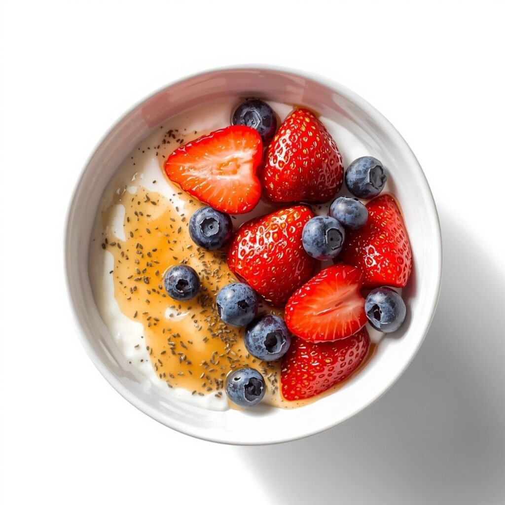 A Greek yogurt bowl topped with plump strawberries