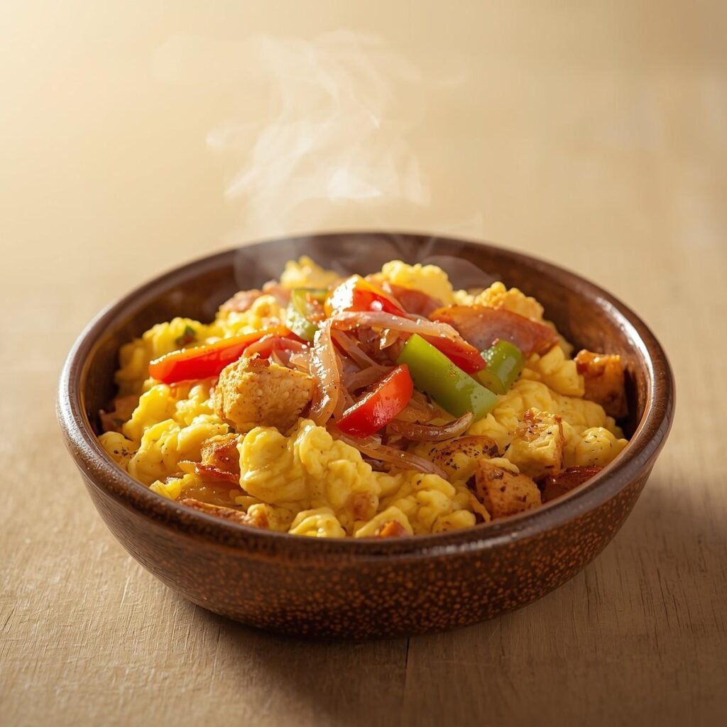 A breakfast scramble bowl with eggs, diced chicken, bell peppers, and onions