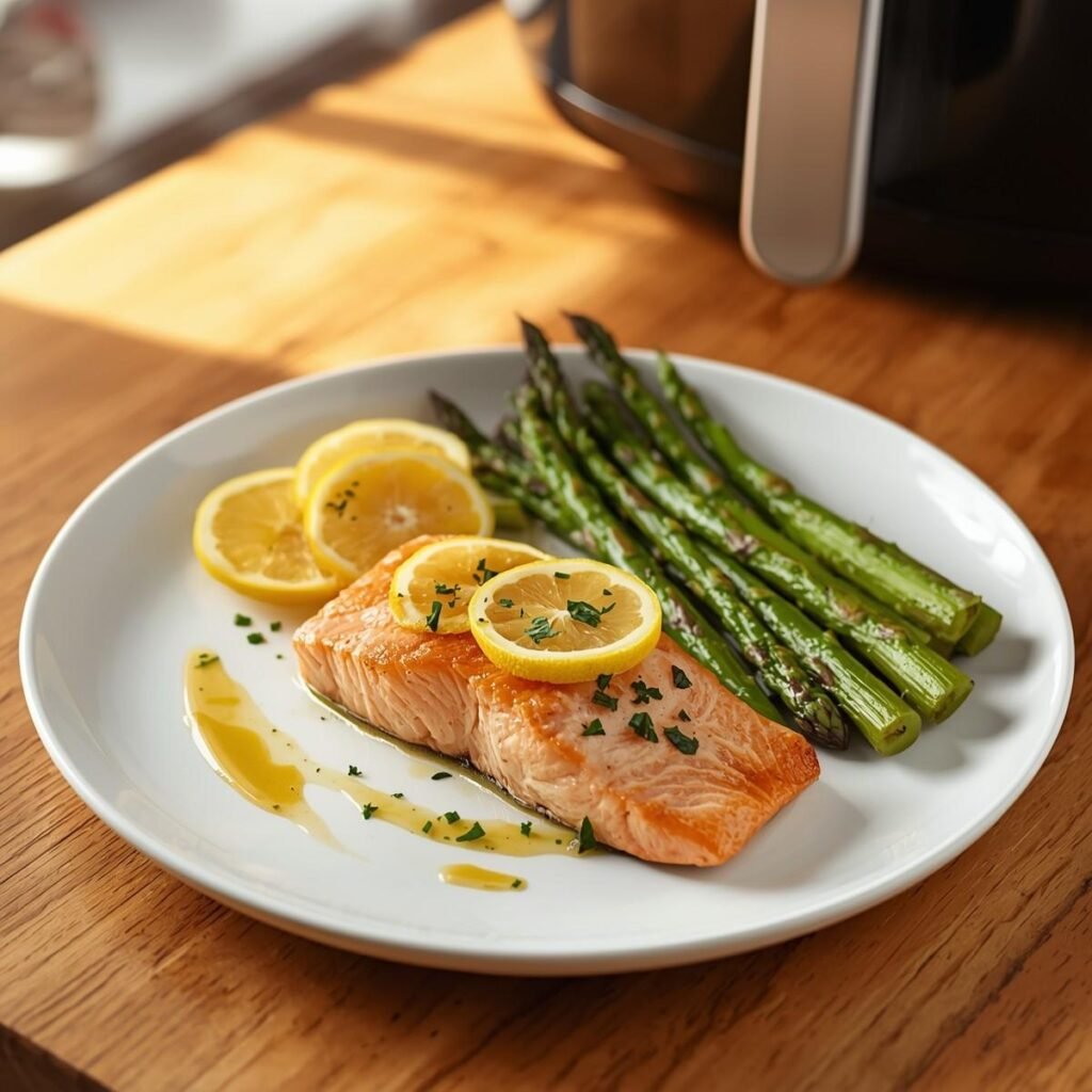 A delicately cooked salmon fillet placed on a sleek white plate