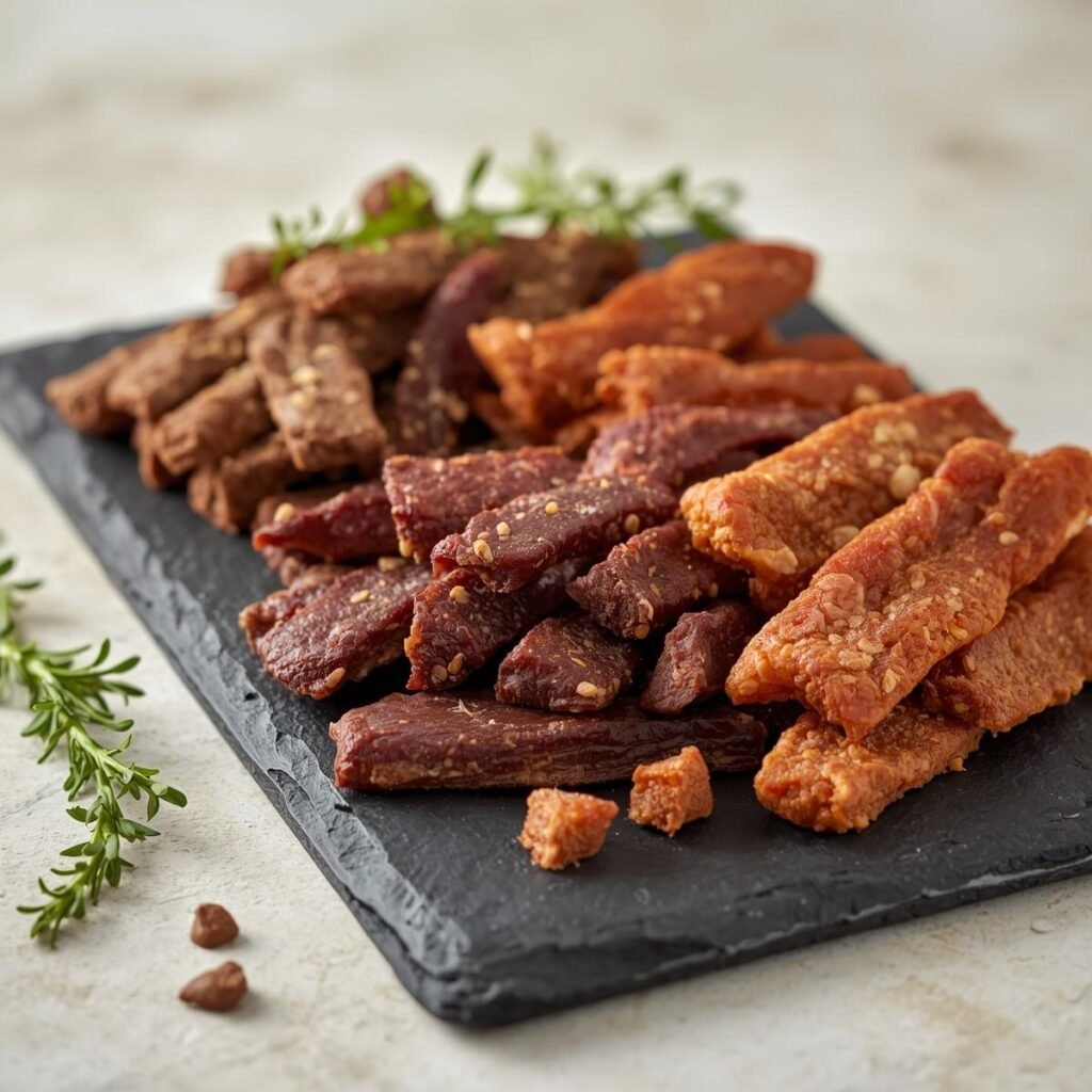Assorted beef and turkey jerky sticks in various flavors and textures