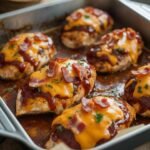 BBQ chicken breasts topped with crispy crumbled bacon