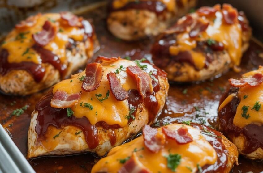 BBQ chicken breasts topped with crispy crumbled bacon