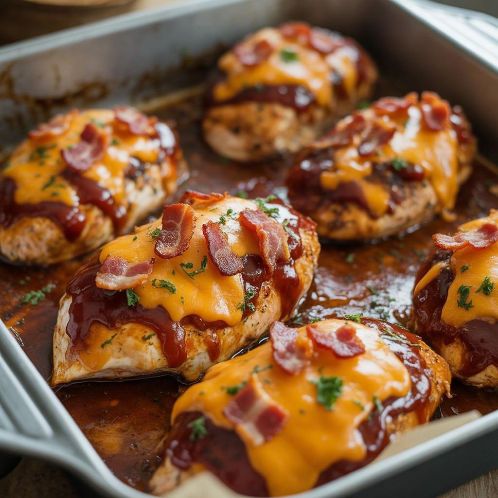 BBQ chicken breasts topped with crispy crumbled bacon