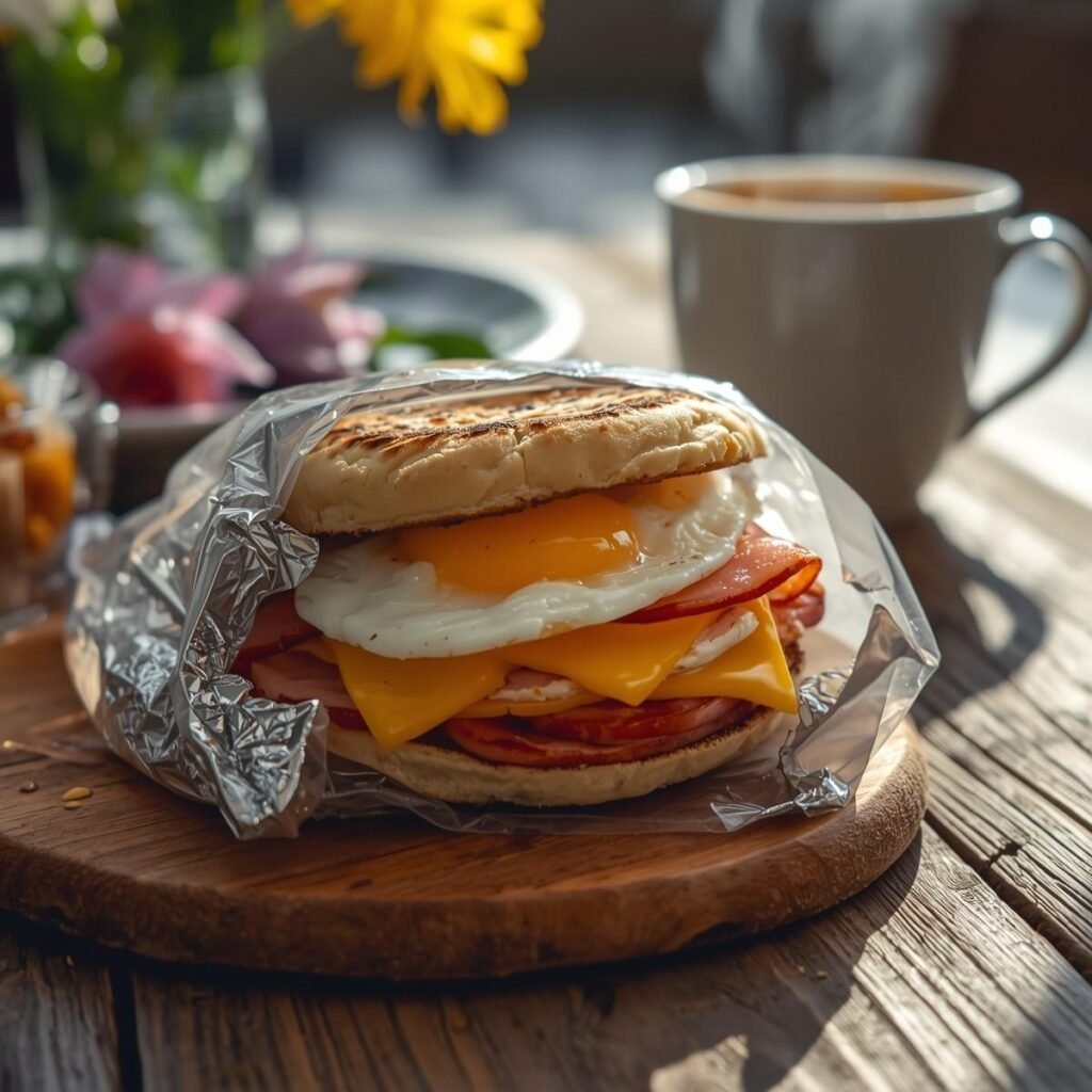 Breakfast sandwich with egg, cheese, and ham