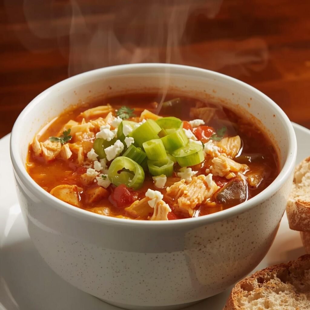 Buffalo chicken soup with celery garnish