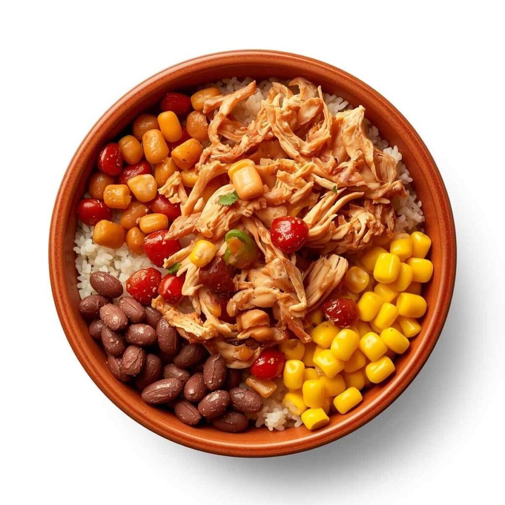 Burrito bowl with shredded chicken