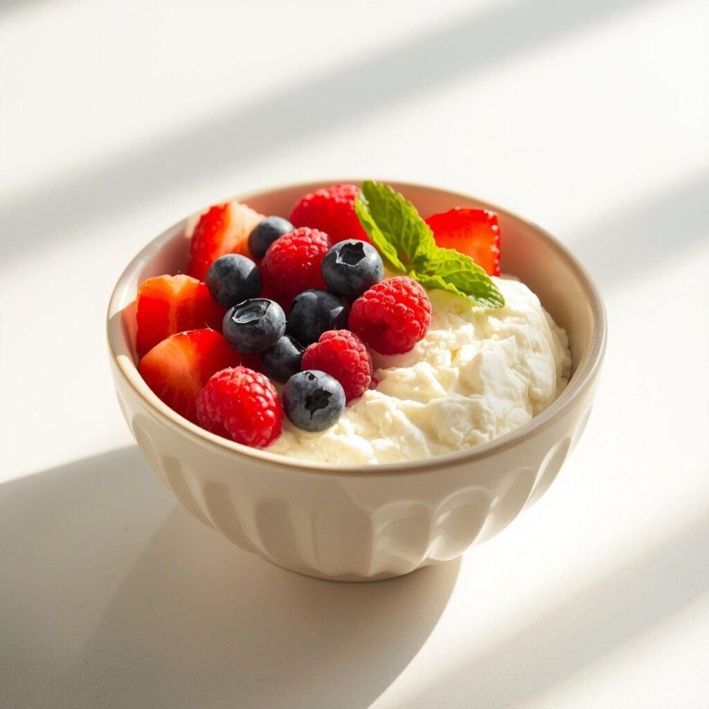 Cottage cheese bowl topped with fresh fruit and mint