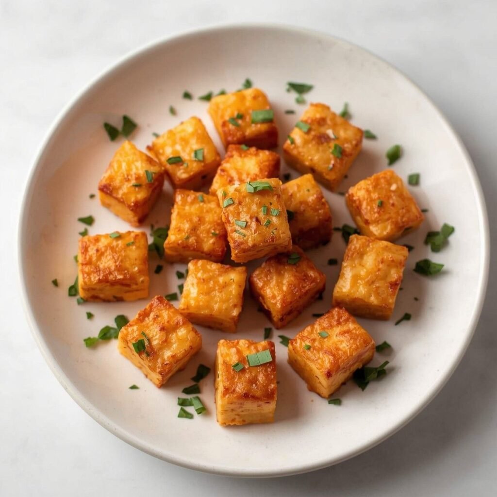 Crispy air fryer tofu cubes on a plate