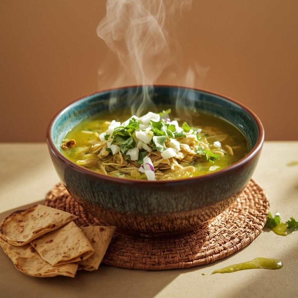 Green enchiladas chicken soup in a bowl