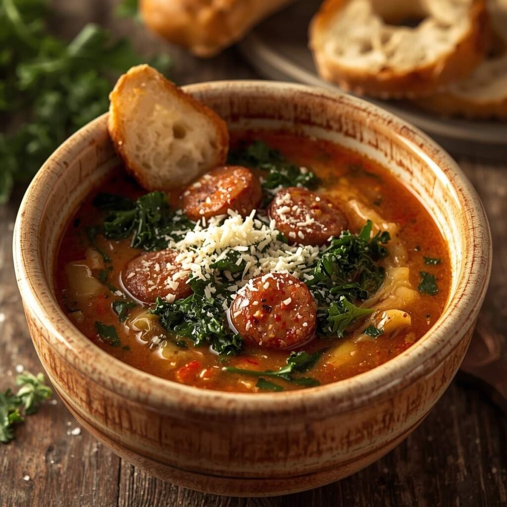Keto Tuscan soup with sausage and kale in a bowl