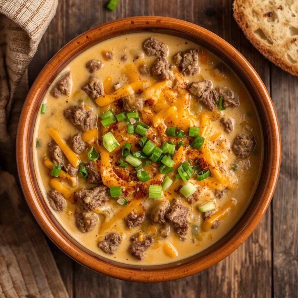 Keto cheeseburger soup with ground beef and cheddar cheese