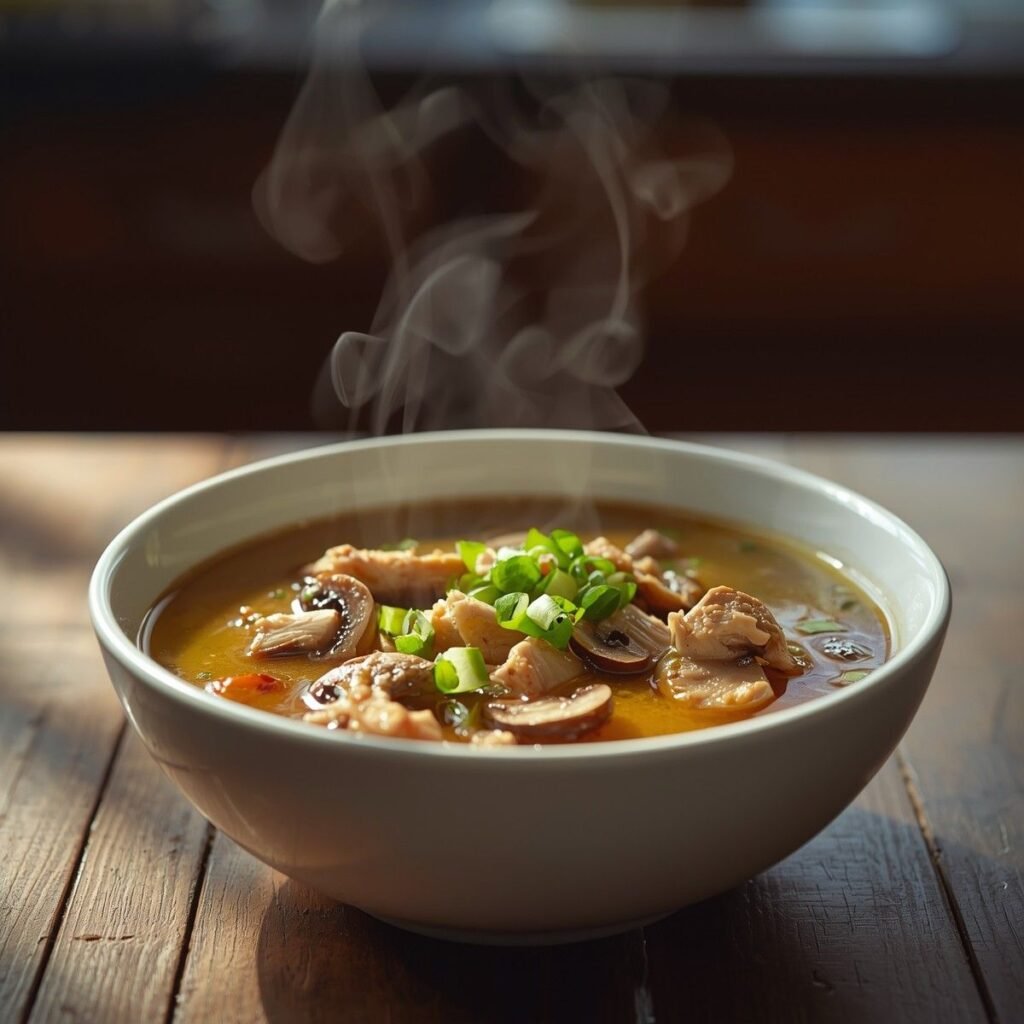 “Low carb chicken and mushroom soup in a bowl.”