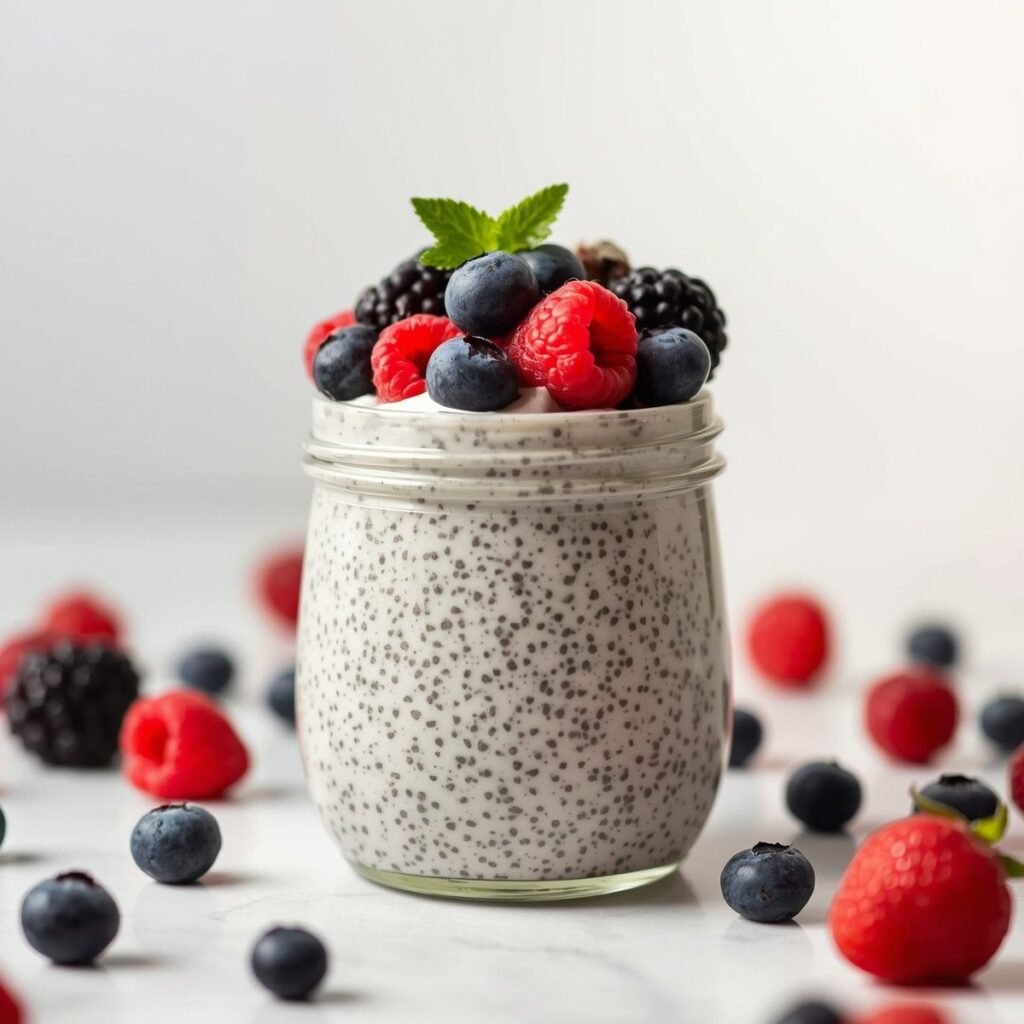 Protein chia pudding in a jar with berries