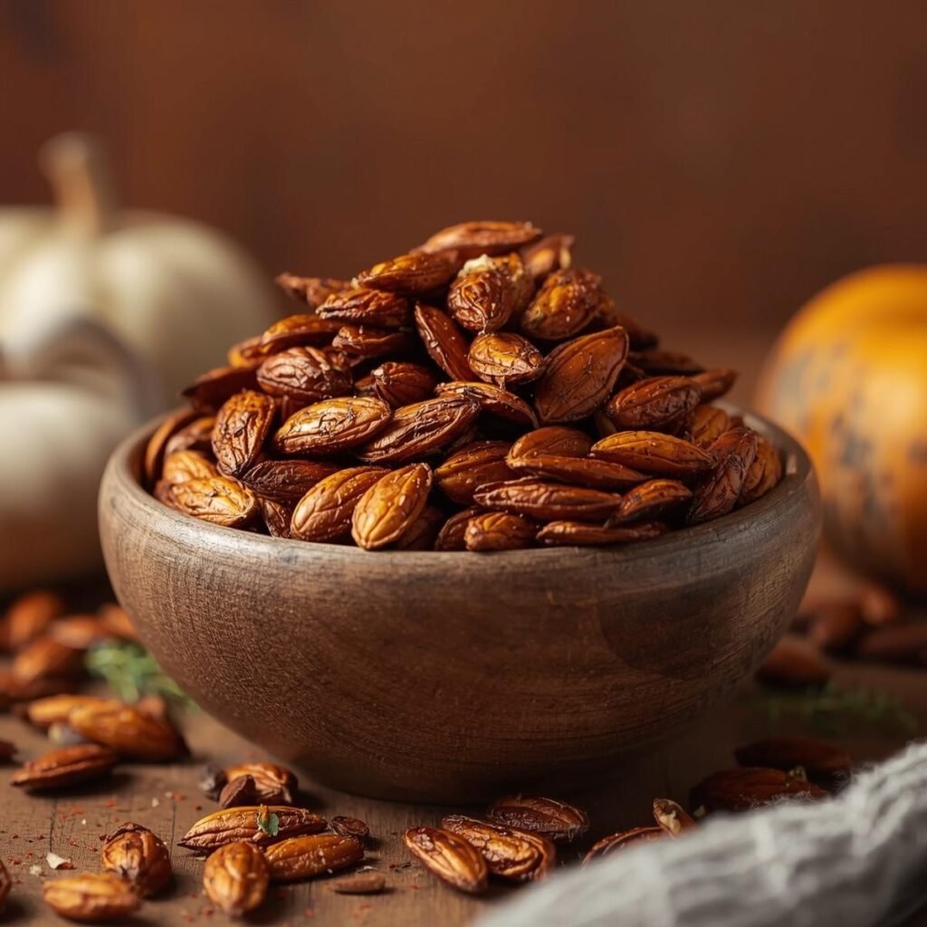 Roasted tamari pumpkin seeds in a bowl with seasoning