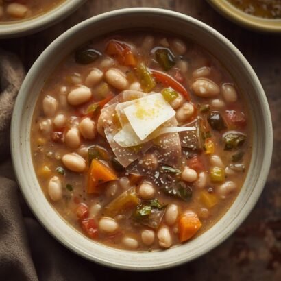 Rustic bowl of Tuscan white bean soup with creamy cannellini beans