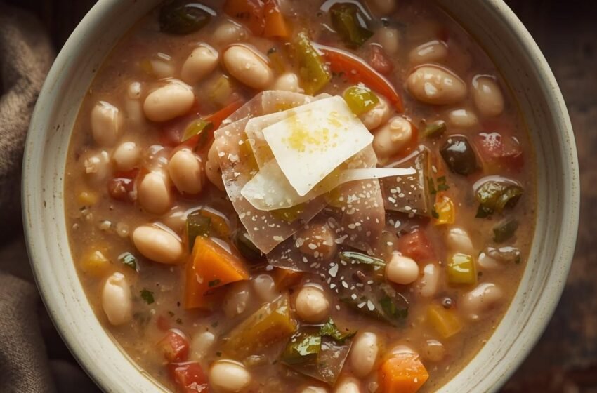 Rustic bowl of Tuscan white bean soup with creamy cannellini beans