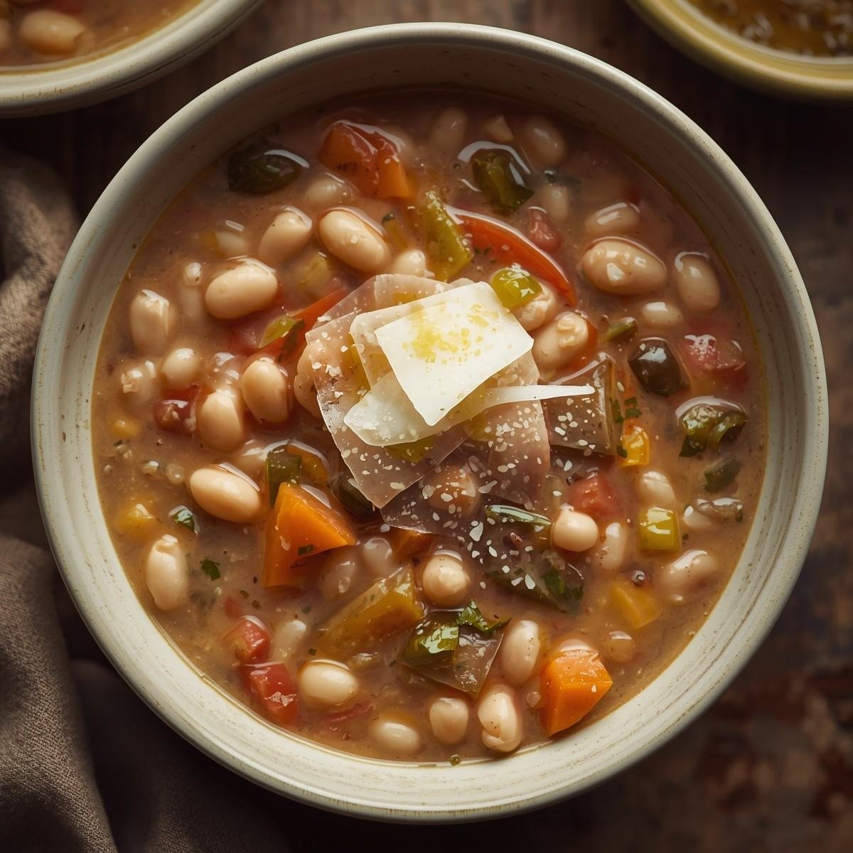 Rustic bowl of Tuscan white bean soup with creamy cannellini beans