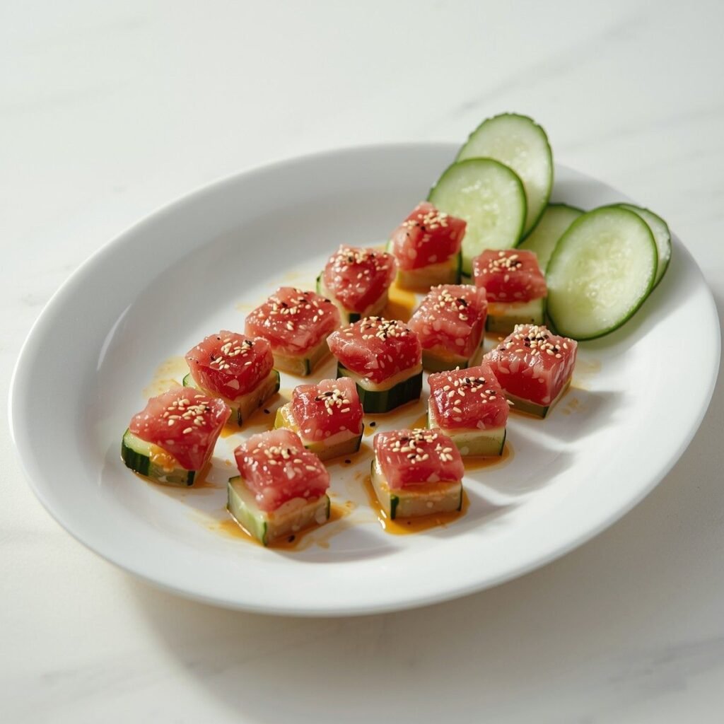 Spicy tuna cucumber bites on a platter