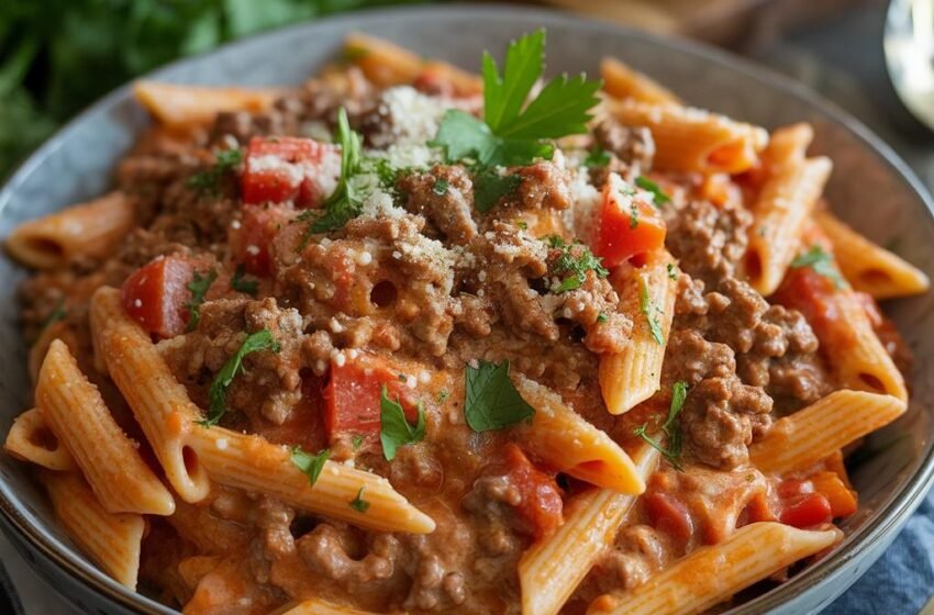 high protein creamy beef pasta