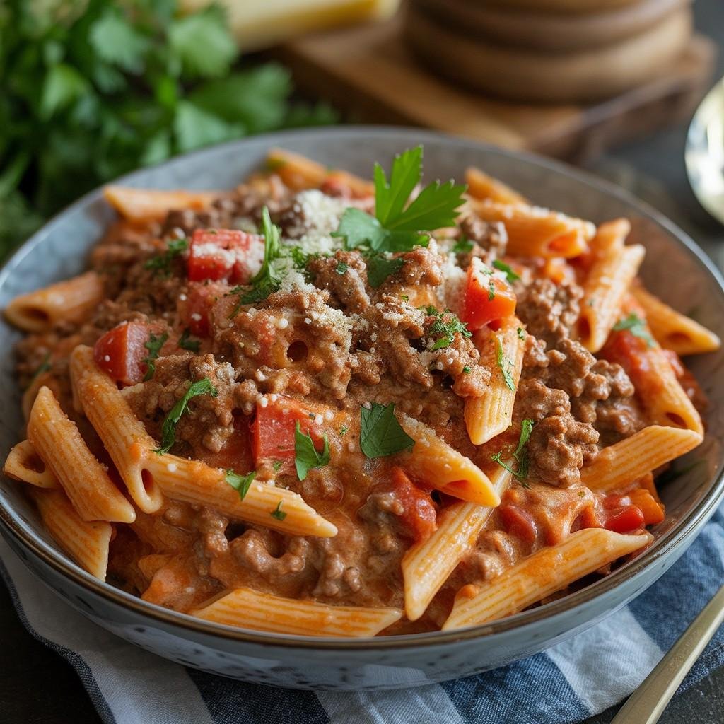 high protein creamy beef pasta