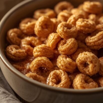 hot buttered Cheerios in a ceramic bowl