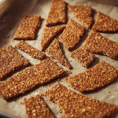 A baking tray of thin, golden flax seed crackers with visible seeds