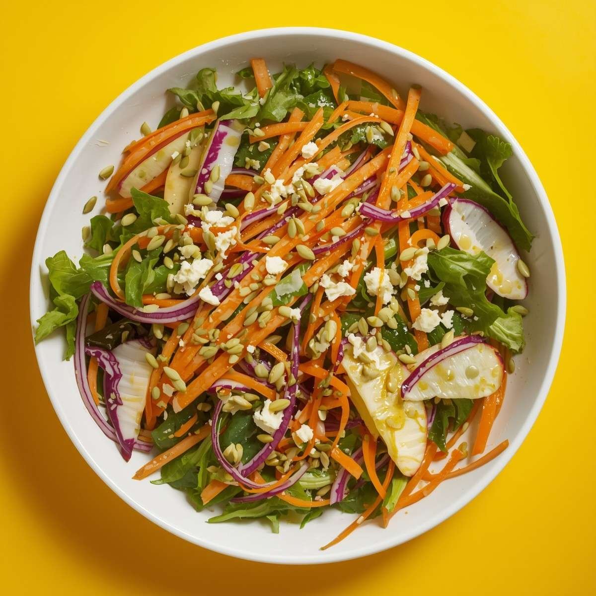 A colorful winter salad with mixed greens, thinly sliced carrots