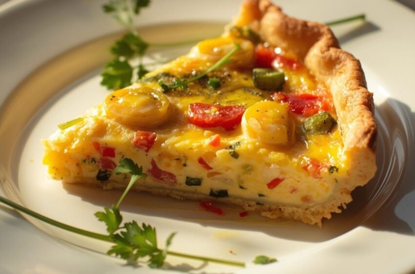 A golden crustless quiche with a creamy egg center studded with colorful vegetables and melted cheese