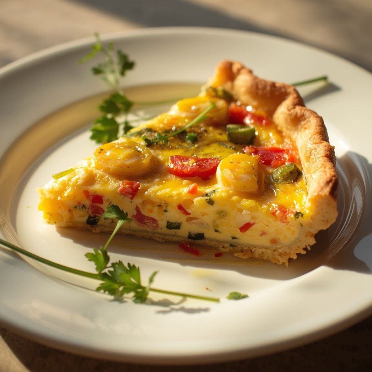 A golden crustless quiche with a creamy egg center studded with colorful vegetables and melted cheese