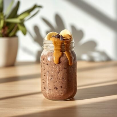 A jar of creamy chocolate overnight oats with a rich dark color