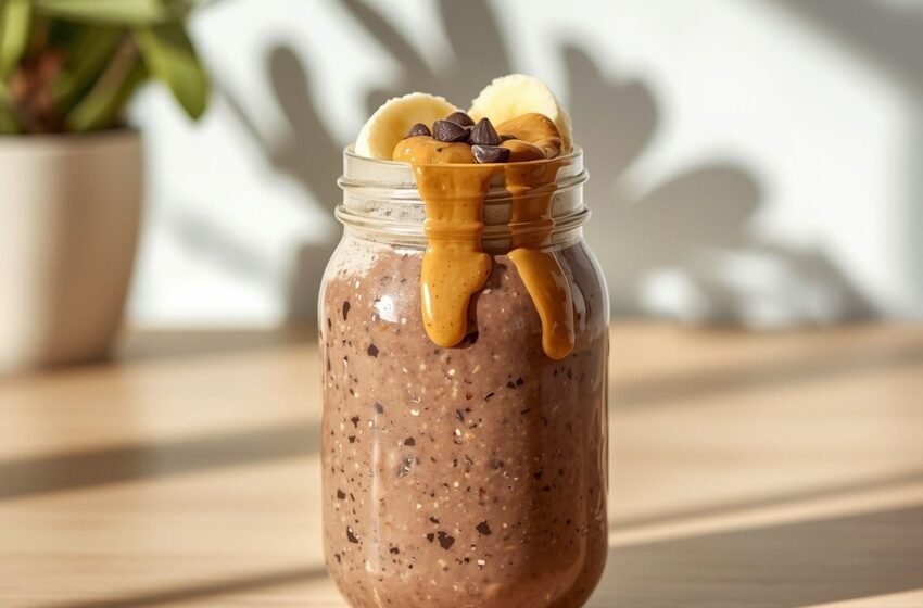A jar of creamy chocolate overnight oats with a rich dark color