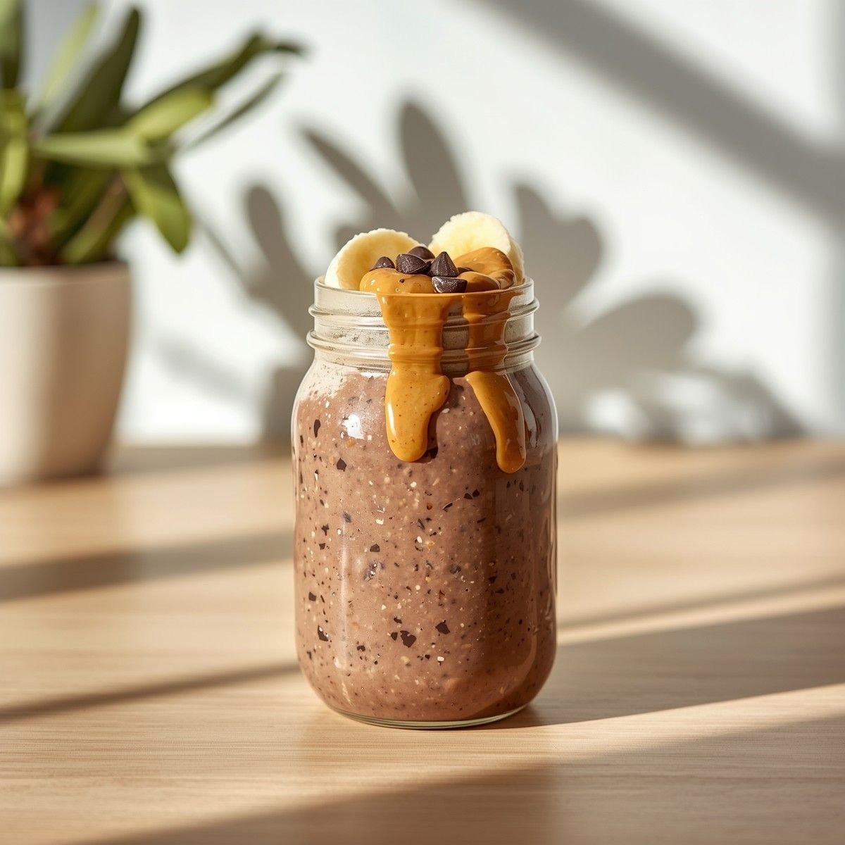 A jar of creamy chocolate overnight oats with a rich dark color