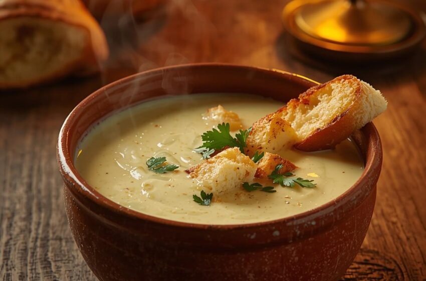 A rustic bowl of creamy French garlic soup with a pale golden color