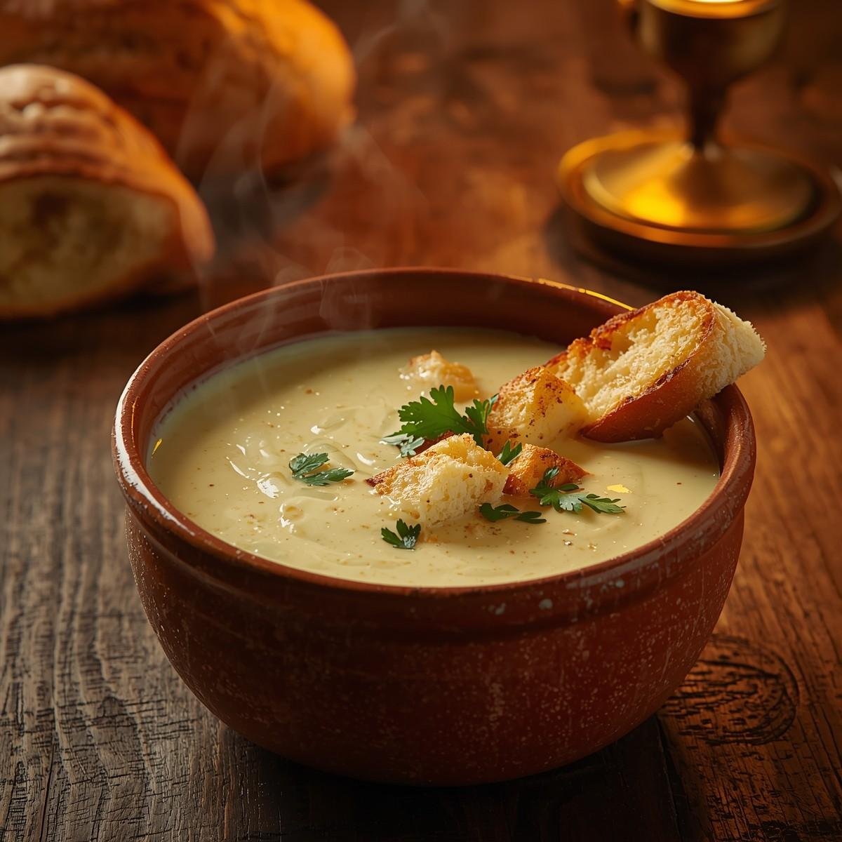 A rustic bowl of creamy French garlic soup with a pale golden color