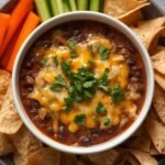 A warm baked black bean dip in a simple ceramic dish with melted cheese on top