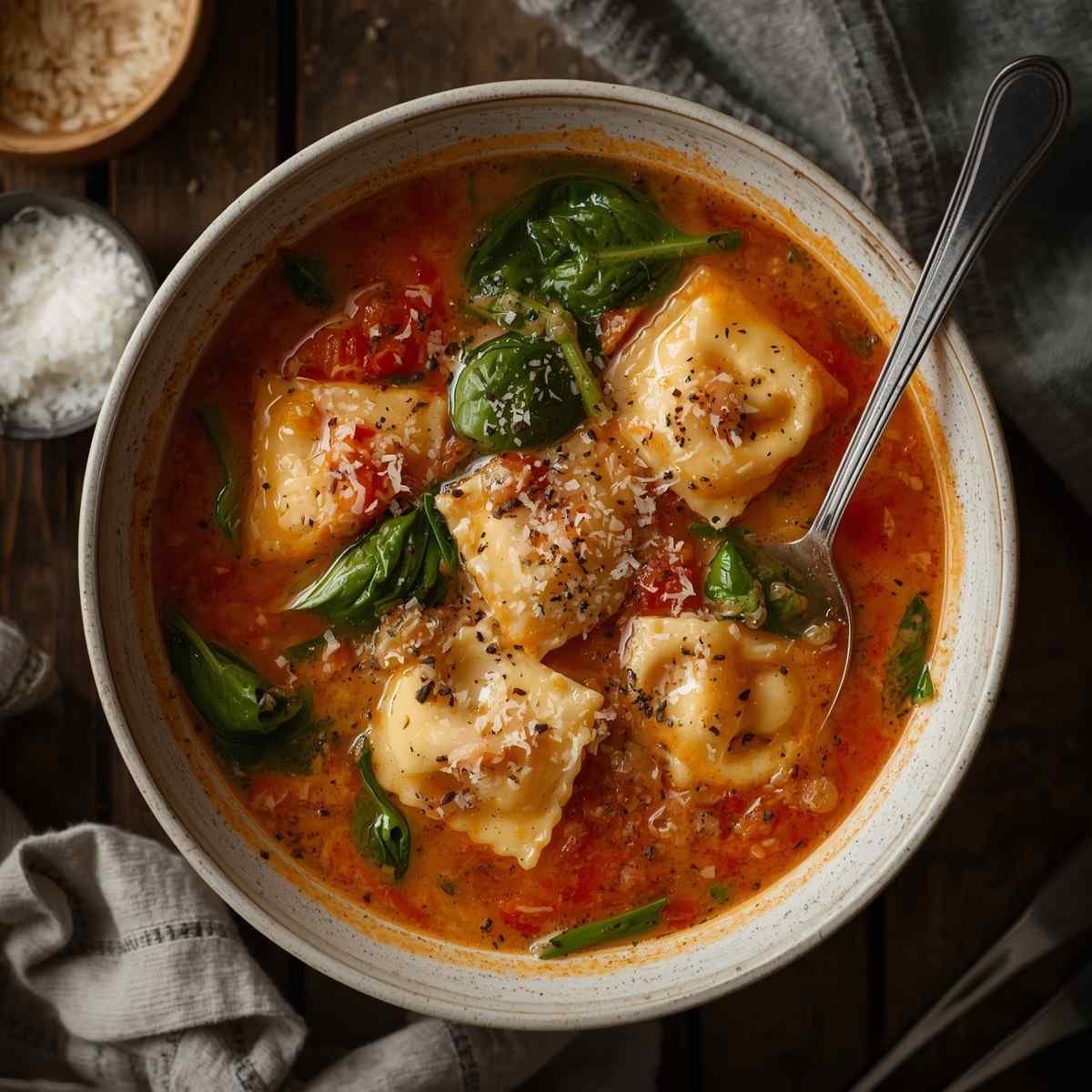 A warm bowl of creamy Tuscan ravioli soup with plump cheese ravioli