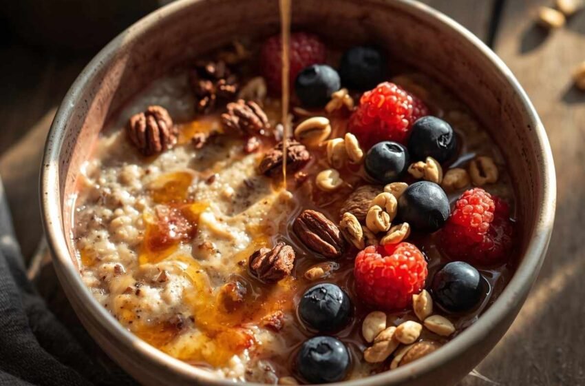 A warm, creamy bowl of buckwheat porridge topped with fresh berries