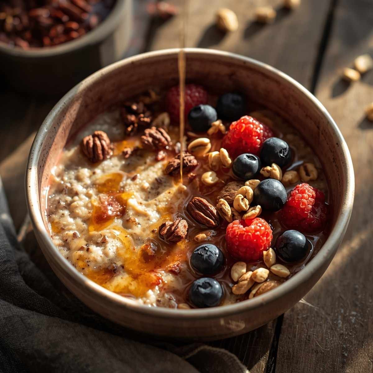 A warm, creamy bowl of buckwheat porridge topped with fresh berries
