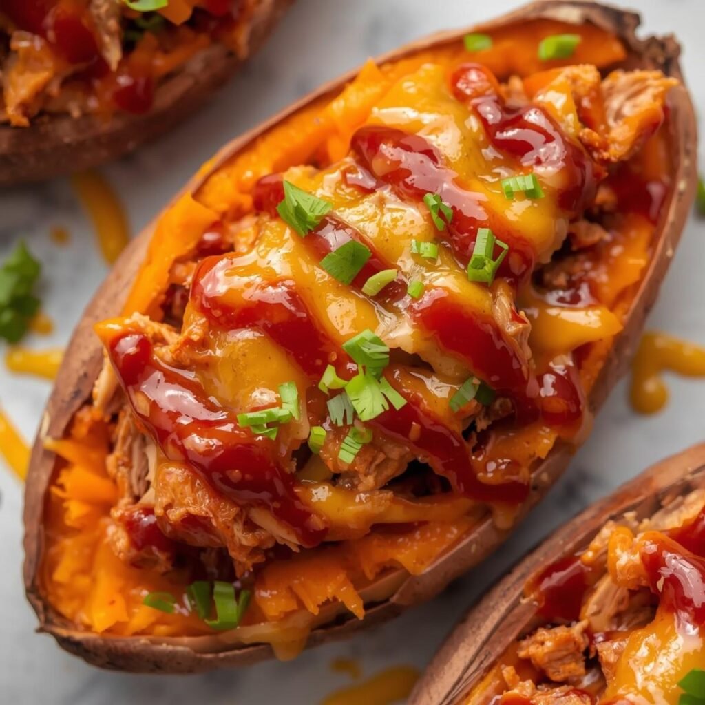 BBQ chicken stuffed sweet potatoes with melted cheese