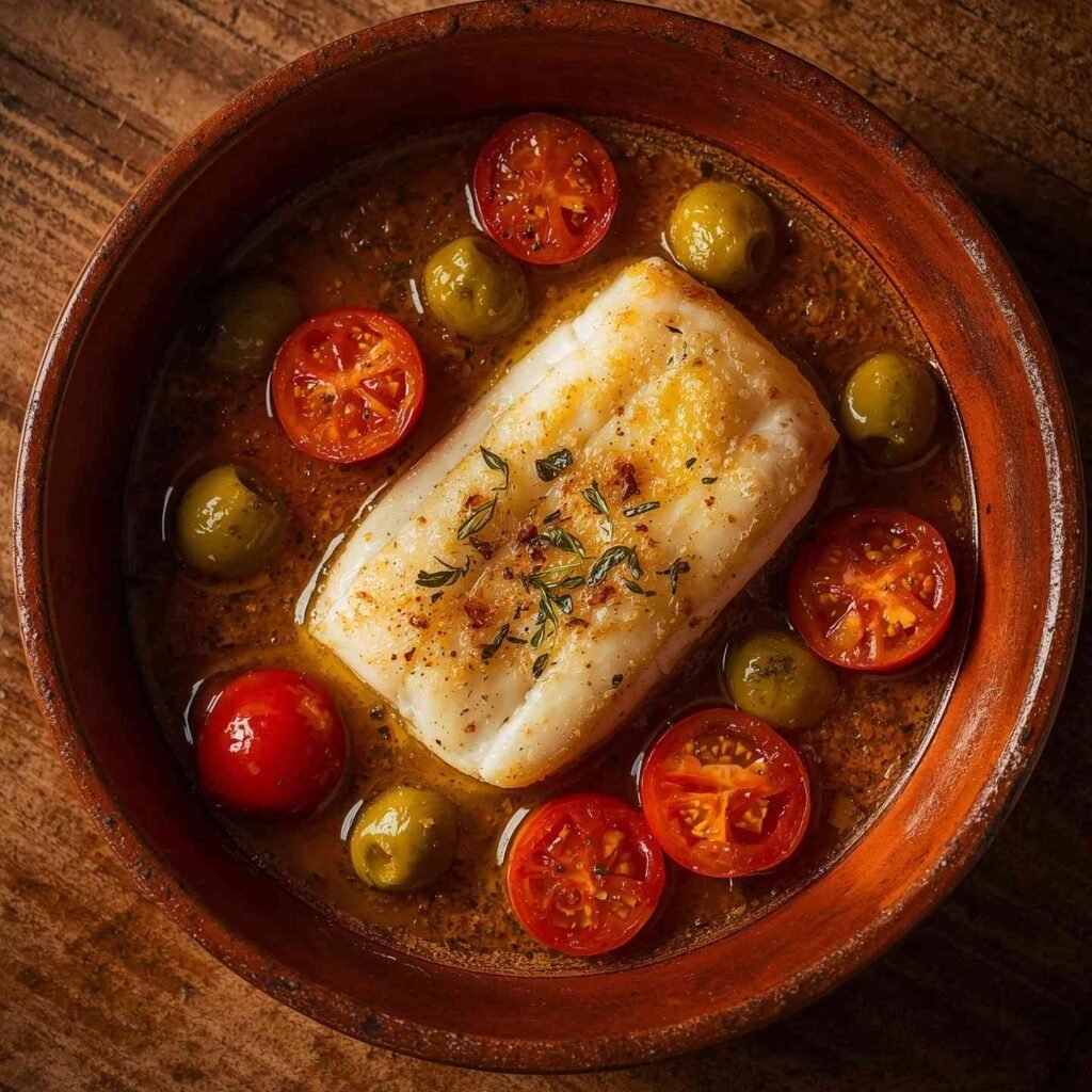 Baked cod fillet surrounded by cherry tomatoes and olives