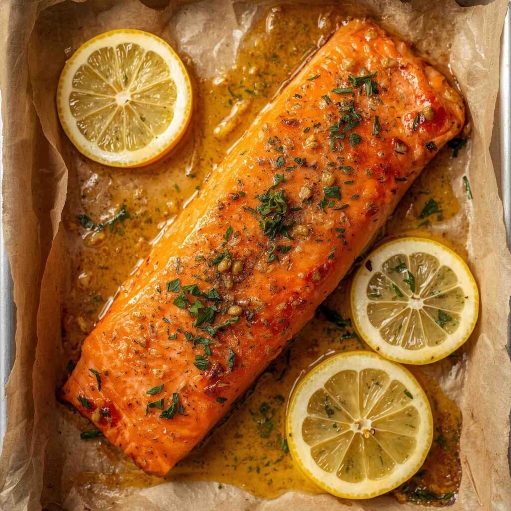 Baked salmon fillet with lemon slices