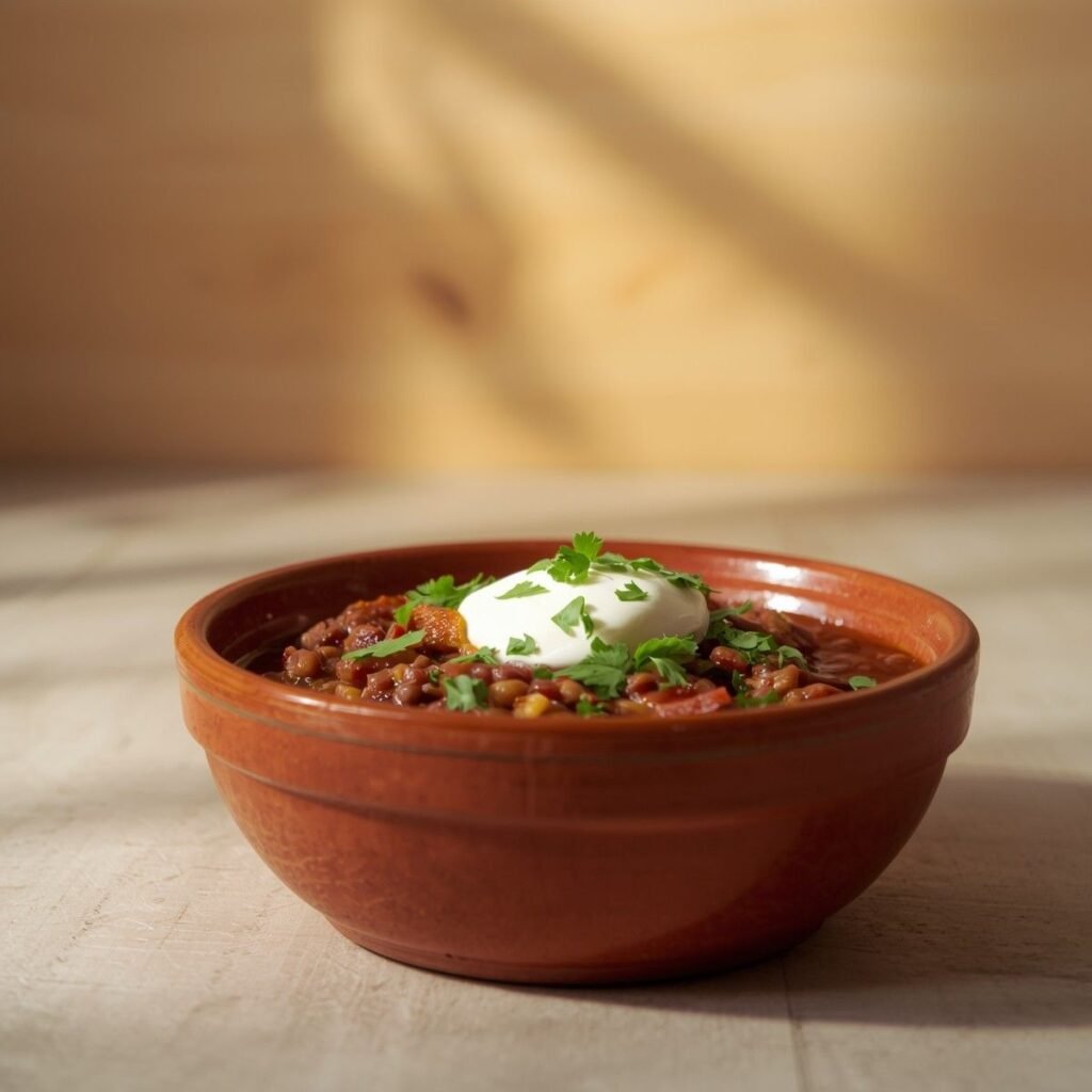 Beef lentil chili bowl