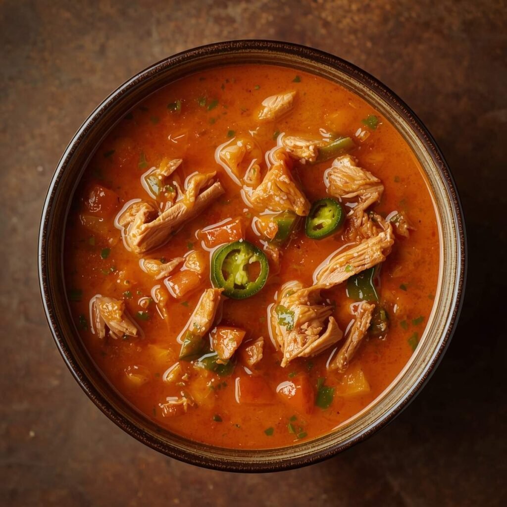 Bowl of keto chicken chili soup with shredded chicken